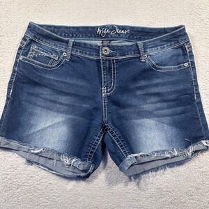 Y2K Ariya Jeans Denim Shorts Frayed Hem Embellished‎ Pockets Dark Wash 13/14